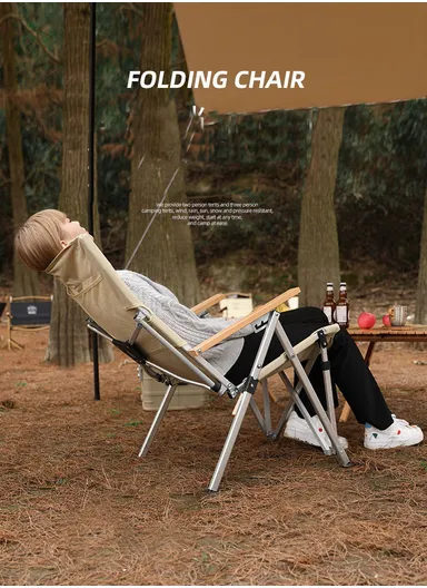 Reclining Folding Camping Chair with High Back, 3 Levels of Recline &amp; Storage Bag FX-7082 (W60 x D70 x H100)cm - Beige