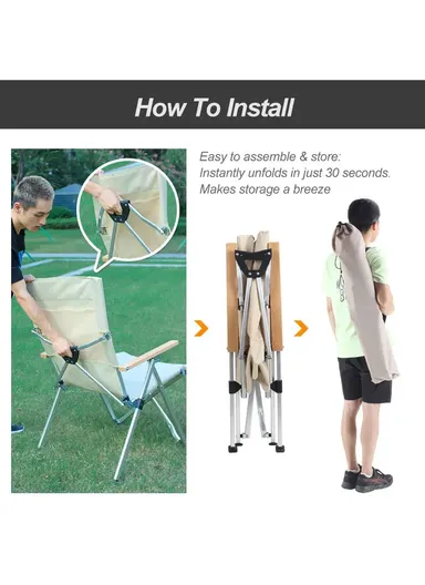 Reclining Folding Camping Chair with High Back, 3 Levels of Recline &amp; Storage Bag FX-7082 (W60 x D70 x H100)cm - Beige