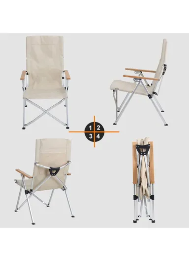 Reclining Folding Camping Chair with High Back, 3 Levels of Recline &amp; Storage Bag FX-7082 (W60 x D70 x H100)cm - Beige