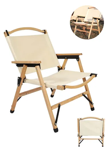 Heavy Duty Aluminum + Beech &amp; Canvas Folding Chair Wood Foldable Portable Camping Chair Supports Maximum 100Kg Load FX-7068 (L41 x W52 x H64)cm