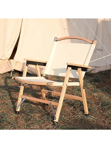 Heavy Duty Aluminum + Beech &amp; Canvas Folding Chair Wood Foldable Portable Camping Chair Supports Maximum 100Kg Load FX-7068 (L41 x W52 x H64)cm
