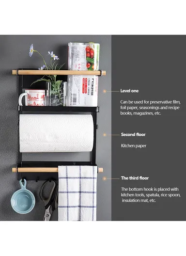 Magnetic Refrigerator Shelf Wall Mounted Towel Storage Holder Organizer (L7 x W24.5 x H34)cm - Black