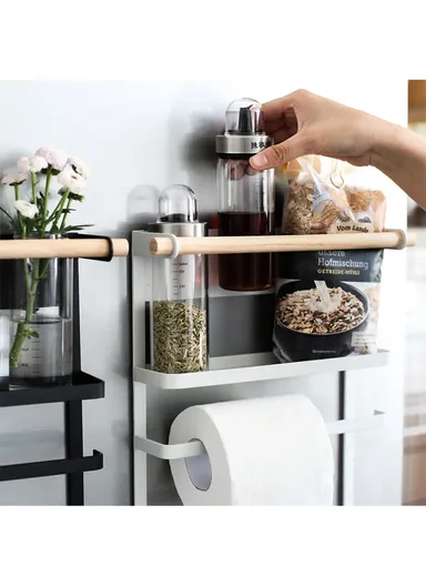 Magnetic Refrigerator Shelf Wall Mounted Towel Storage Holder Organizer (L7 x W24.5 x H34)cm - Black