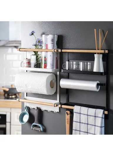Magnetic Refrigerator Shelf Wall Mounted Towel Storage Holder Organizer (L7 x W24.5 x H34)cm - Black