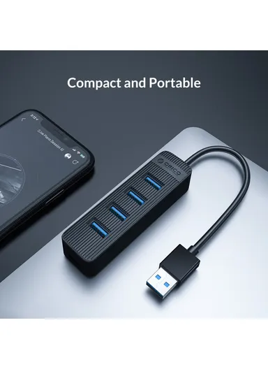 Portable 4-Port USB Hub USB 3.0 Splitter Adapter for PC Computer - Black TWU3-4A