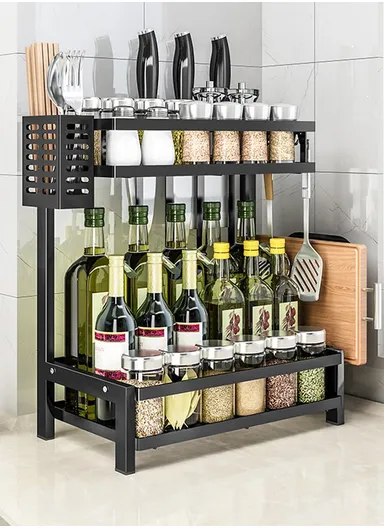 2-Tiers Kitchen Spice Rack Organizer Standing Seasoning Rack Jars Bottles Cans Shelf Knife Holder (L32.5 x W20 x H40)cm