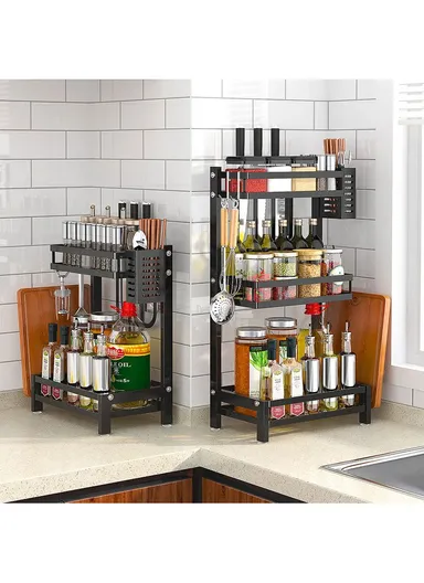 2-Tiers Kitchen Spice Rack Organizer Standing Seasoning Rack Jars Bottles Cans Shelf Knife Holder (L32.5 x W20 x H40)cm