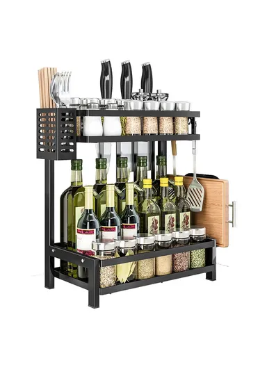 2-Tiers Kitchen Spice Rack Organizer Standing Seasoning Rack Jars Bottles Cans Shelf Knife Holder (L32.5 x W20 x H40)cm