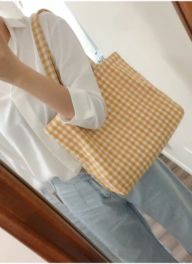 Women Cotton Tote Bag Grid Pattern Shoulder Bag for Gym, Work, School 573 (D40 x W26 x T9)cm - Yellow