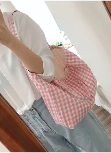 Women Cotton Tote Bag Grid Pattern Shoulder Bag for Gym, Work, School 573 (D40 x W26 x T9)cm - Pink