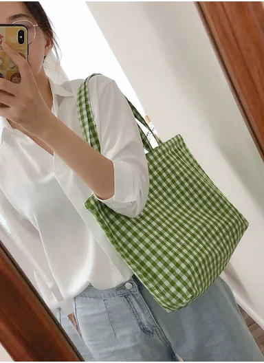 Women Cotton Tote Bag Grid Pattern Shoulder Bag for Gym, Work, School 573 (D40 x W26 x T9)cm - Green