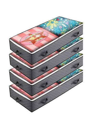 4Pcs Under Bed Zipper Bag with Handle Transparent Window Foldable Blankets Clothes Storage Bin KZ-001001 (L100 x W50 x H15)cm - Grey