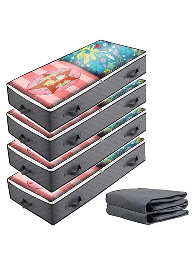 4Pcs Under Bed Zipper Bag with Handle Transparent Window Foldable Blankets Clothes Storage Bin KZ-001001 (L100 x W50 x H15)cm - Grey