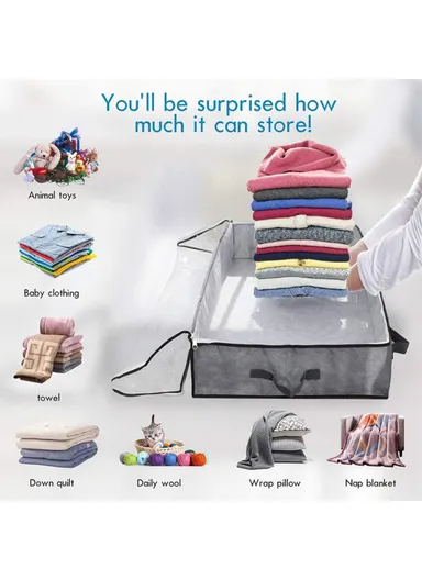 4Pcs Under Bed Zipper Bag with Handle Transparent Window Foldable Blankets Clothes Storage Bin KZ-001001 (L100 x W50 x H15)cm - Grey