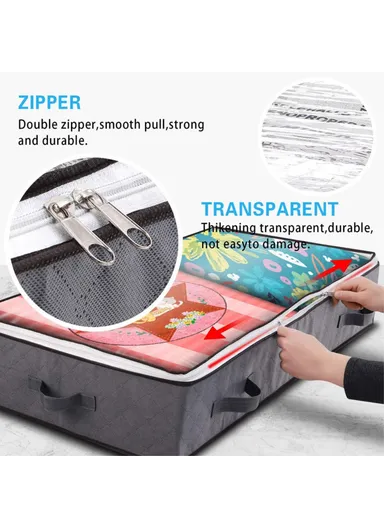 4Pcs Under Bed Zipper Bag with Handle Transparent Window Foldable Blankets Clothes Storage Bin KZ-001001 (L100 x W50 x H15)cm - Grey