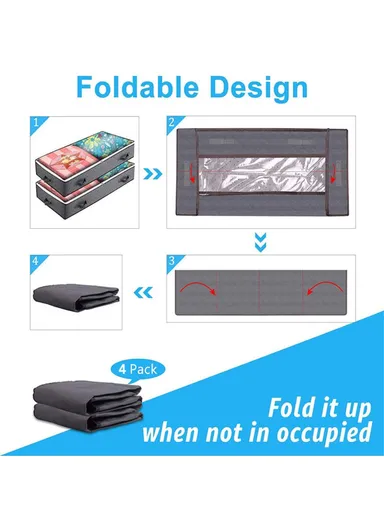 4Pcs Under Bed Zipper Bag with Handle Transparent Window Foldable Blankets Clothes Storage Bin KZ-001001 (L100 x W50 x H15)cm - Grey