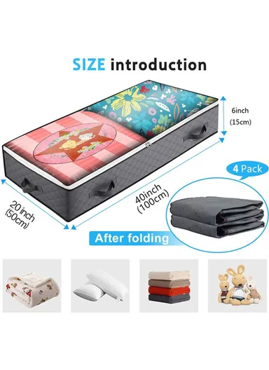4Pcs Under Bed Zipper Bag with Handle Transparent Window Foldable Blankets Clothes Storage Bin KZ-001001 (L100 x W50 x H15)cm - Grey