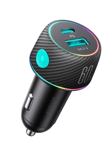 60W USB-A+USB-C Multi-color Car Charger With Light Button JR-CCN01 - Black
