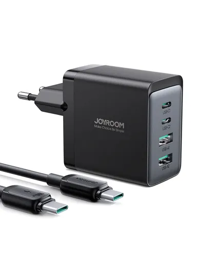 67W PC Fireproof Material GaN Technology Four Outputs Fast Wall Charger With 1.2m 100W Cable Type C To C TCG02 - Black (EU)