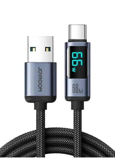 66W 1.2m Prism Series Digital Display Fast Charging Data Cable USB-A to Type-C S-AC066A16 - Black