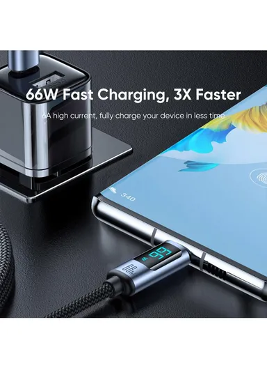 66W 1.2m Prism Series Digital Display Fast Charging Data Cable USB-A to Type-C S-AC066A16 - Black