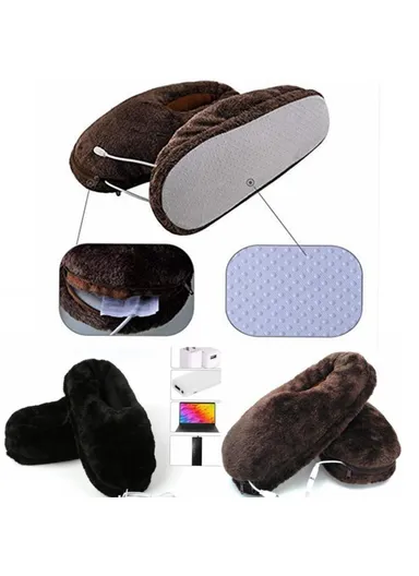 36-46 USB Electric Heated Slippers Winter Thicken Feet Warmer Plush Shoes - Black