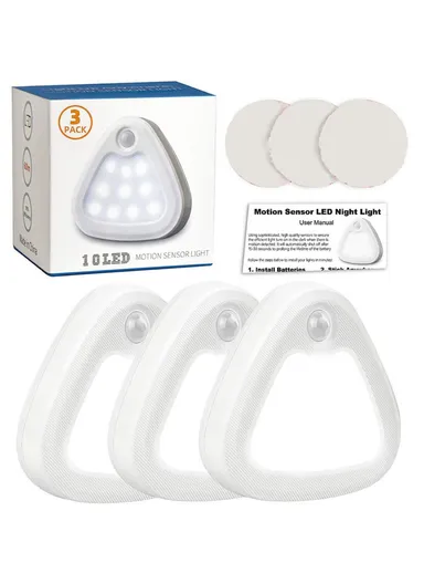 3-Pcs Triangle Motion Sensor LED Night Light Stylish and Smart Bedside Illumination (L9.2 x W9.2 x H2.3)cm - White Light