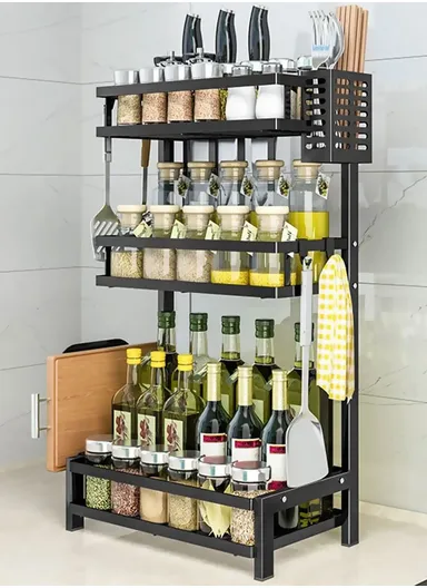 3-Tiers Kitchen Spice Rack Organizer Standing Seasoning Rack Jars Bottles Cans Shelf Knife Holder (L32 x W20 x H60)cm