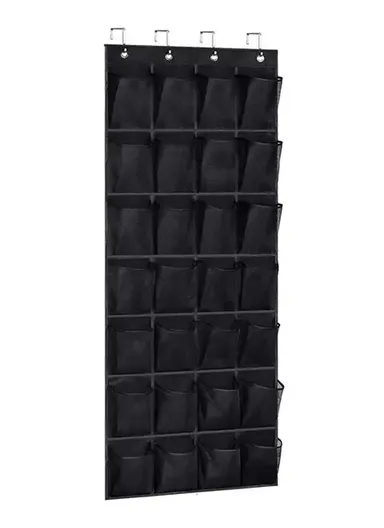 28 Large Pockets Hanging Shoe Organizer The Door Shoe Rack Holder Hanger Non-Woven Storage Bag With 4 Hooks (W55 x H170)cm - Black