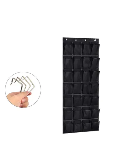 28 Large Pockets Hanging Shoe Organizer The Door Shoe Rack Holder Hanger Non-Woven Storage Bag With 4 Hooks (W55 x H170)cm - Black