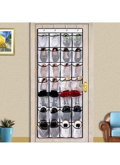 28 Large Pockets Hanging Shoe Organizer The Door Shoe Rack Holder Hanger Non-Woven Storage Bag With 4 Hooks (W55 x H170)cm - Black