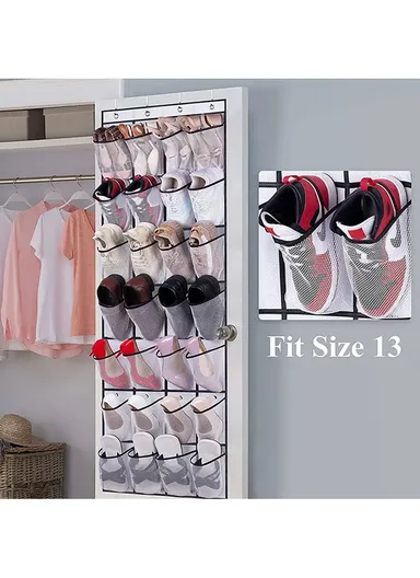 28 Large Pockets Hanging Shoe Organizer The Door Shoe Rack Holder Hanger Non-Woven Storage Bag With 4 Hooks (W55 x H170)cm - Black