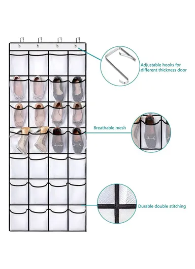 28 Large Pockets Hanging Shoe Organizer The Door Shoe Rack Holder Hanger Non-Woven Storage Bag With 4 Hooks (W55 x H170)cm - Black