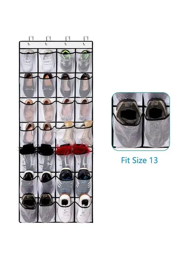 28 Large Pockets Hanging Shoe Organizer The Door Shoe Rack Holder Hanger Non-Woven Storage Bag With 4 Hooks (W55 x H170)cm - Black