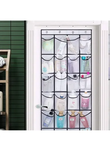 28 Large Pockets Hanging Shoe Organizer The Door Shoe Rack Holder Hanger Non-Woven Storage Bag With 4 Hooks (W55 x H170)cm - Black