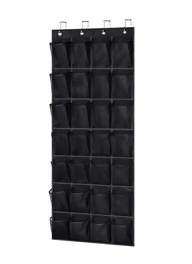 28 Large Pockets Hanging Shoe Organizer The Door Shoe Rack Holder Hanger Non-Woven Storage Bag With 4 Hooks (W55 x H170)cm - Black