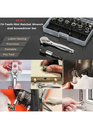 28Pcs Mini Mechanic Tool Kits Portable Ratchet Wrench Set With 72 Teeth Reversible Ratchet (Metric)
