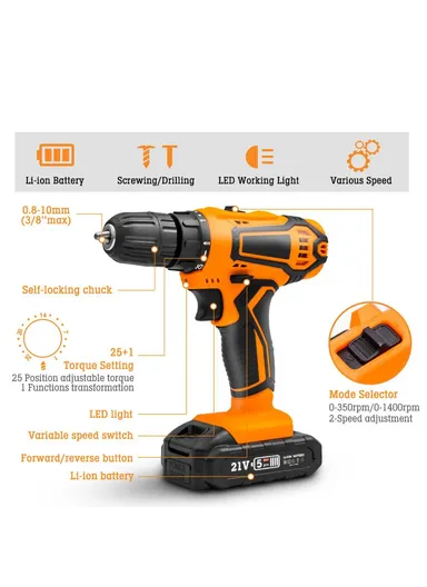 21V Rechargeable Cordless Woodworking Electric Drill &amp; Screwdriver With Two Speed Modes - EU Plug
