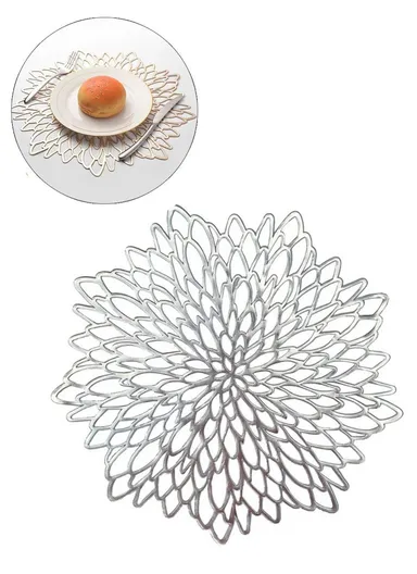 Flower Design Gold Silver PVC Placemat Decorative Table Pad Heat Insulation Anti-slip Mat - Silver