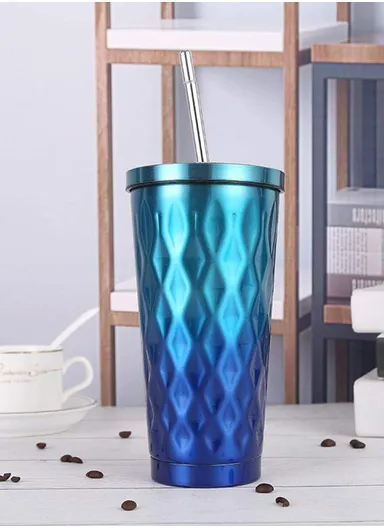 450ML Portable Double Insulated Stainless Steel Tumbler  For Hot &amp; Cold With a Straw 0169 (D10 x H19)cm