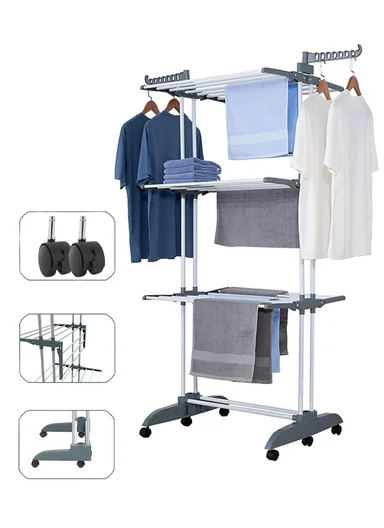 Foldable Space-Saving Clothes Drying Rack With 6 Wheels &amp; Foldable Bars &amp; Base