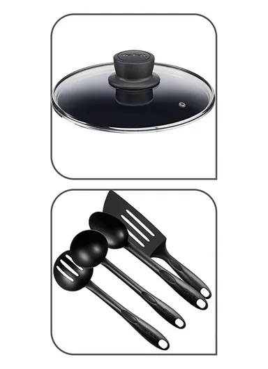 12 Pcs  Aluminum Set 16cm Saucepan, 22/26cm Stewpots With Lids &amp; 20/26cm Frypans, Spoon, Ladle, Slotted Ladle, Spatula C3079282