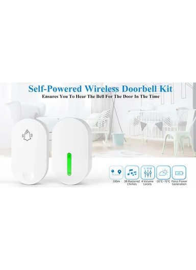 Self-Powered Wireless Doorbell With 38 Chord Ringtones &amp; 4-Level Volume Levels Self-Powered Transmitter &amp; Receiver 100 Meters Open Range ZFD21A