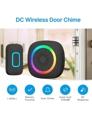 Battery-Operated DC Wireless Doorbell Kit With Color-Changing Led Indicator Light 300 Meters Block-Free Range RL-3995 - 1-Transmitter + 1-Receiver