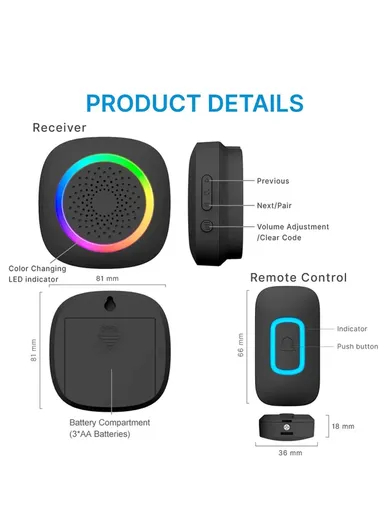 Battery-Operated DC Wireless Doorbell Kit With Color-Changing Led Indicator Light 300 Meters Block-Free Range RL-3995 - 1-Transmitter + 1-Receiver