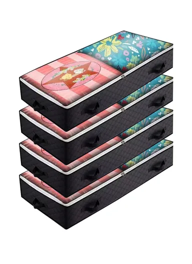 4 Pcs Under Bed Zipper Bag With Handle Transparent Window Foldable Blankets Clothes Storage Bin KZ-001001 (L100 x W50 x H15)cm - Black