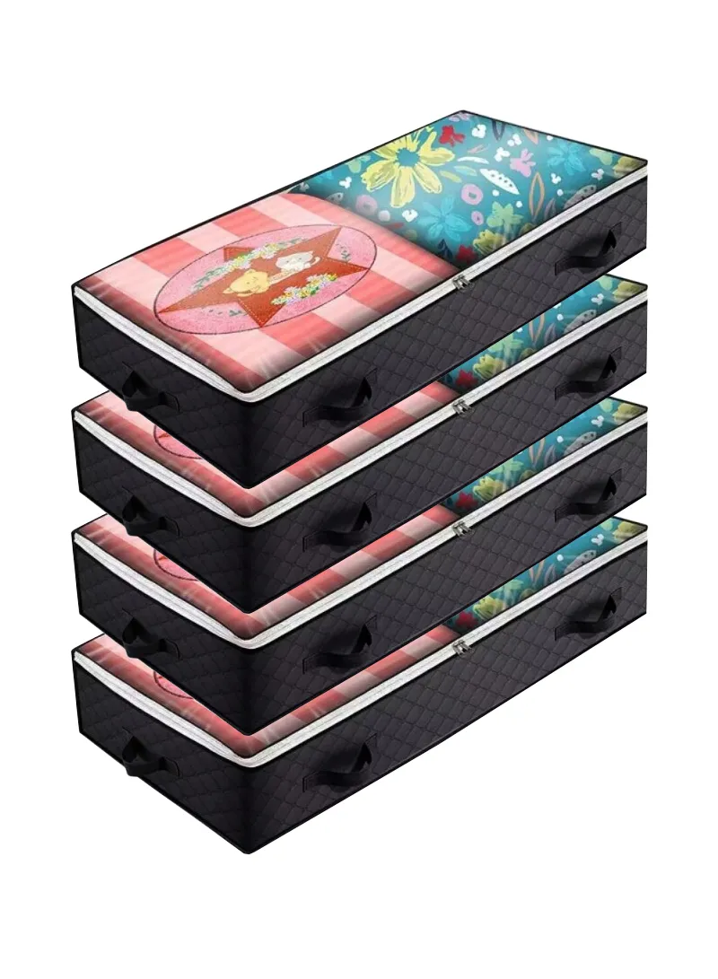 4 Pcs Under Bed Zipper Bag With Handle Transparent Window Foldable Blankets Clothes Storage Bin KZ-001001 (L100 x W50 x H15)cm - Black