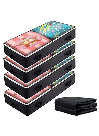 4 Pcs Under Bed Zipper Bag With Handle Transparent Window Foldable Blankets Clothes Storage Bin KZ-001001 (L100 x W50 x H15)cm - Black