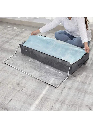 4 Pcs Under Bed Zipper Bag With Handle Transparent Window Foldable Blankets Clothes Storage Bin KZ-001001 (L100 x W50 x H15)cm - Black