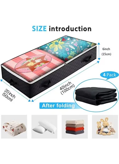 4 Pcs Under Bed Zipper Bag With Handle Transparent Window Foldable Blankets Clothes Storage Bin KZ-001001 (L100 x W50 x H15)cm - Black